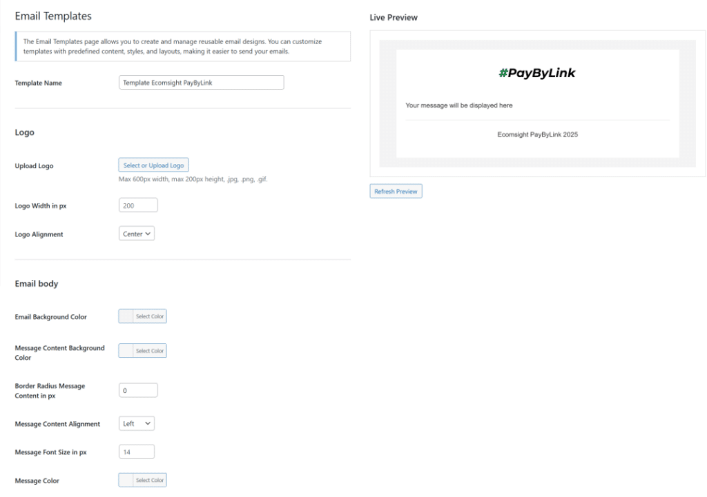 Custom email templates for payment links