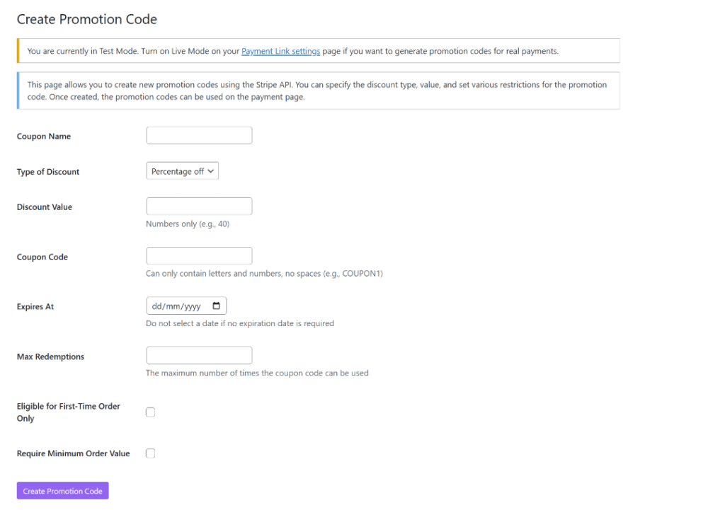 Promotion codes for payment links